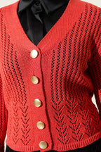Gold Buttoned Openwork Short Knitted Cardigan