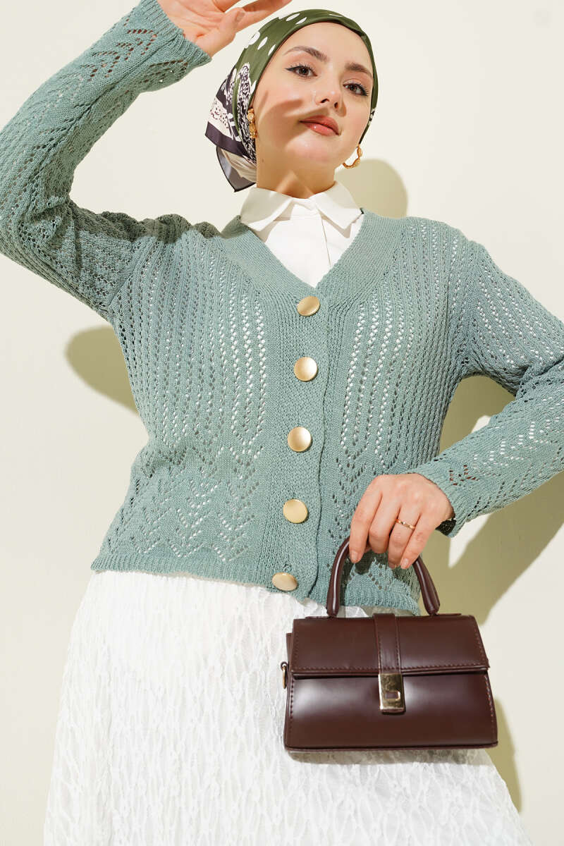 Gold Buttoned Openwork Short Knitted Cardigan