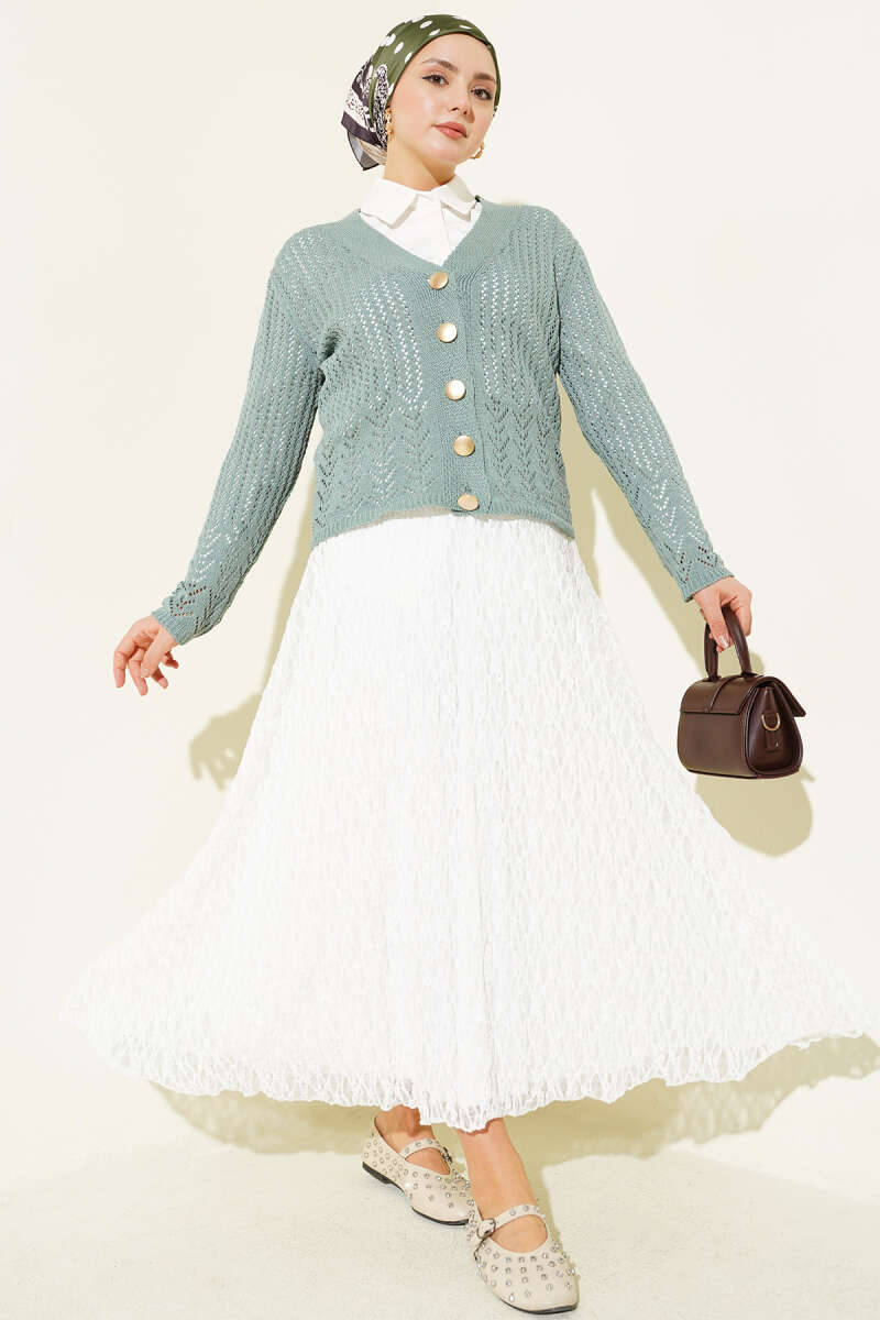 Gold Buttoned Openwork Short Knitted Cardigan