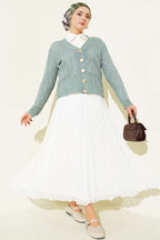 Gold Buttoned Openwork Short Knitted Cardigan