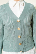 Gold Buttoned Openwork Short Knitted Cardigan