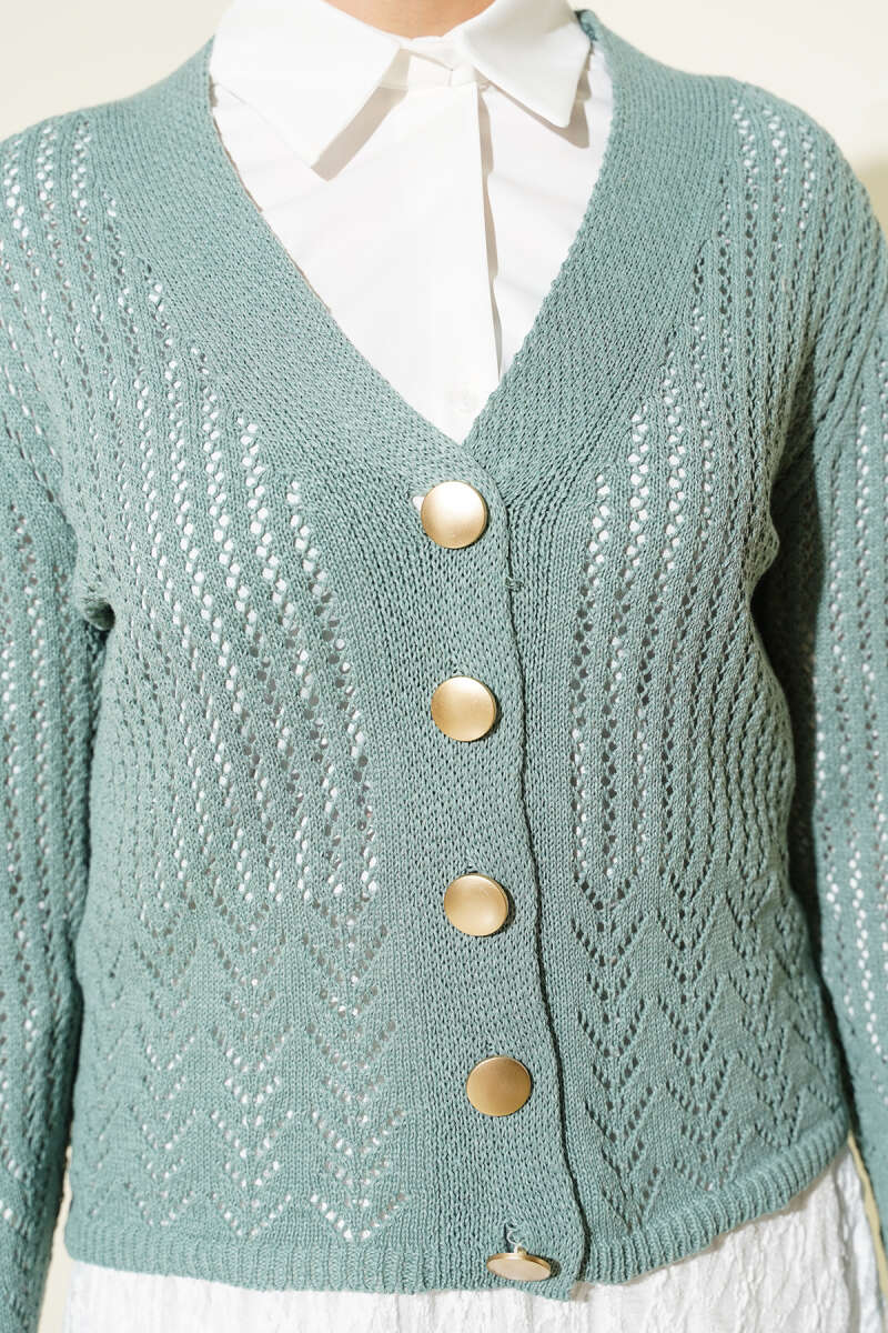 Gold Buttoned Openwork Short Knitted Cardigan