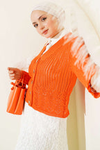 Gold Buttoned Openwork Short Knitted Cardigan