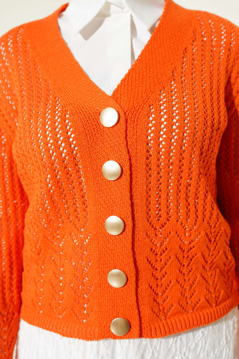 Gold Buttoned Openwork Short Knitted Cardigan