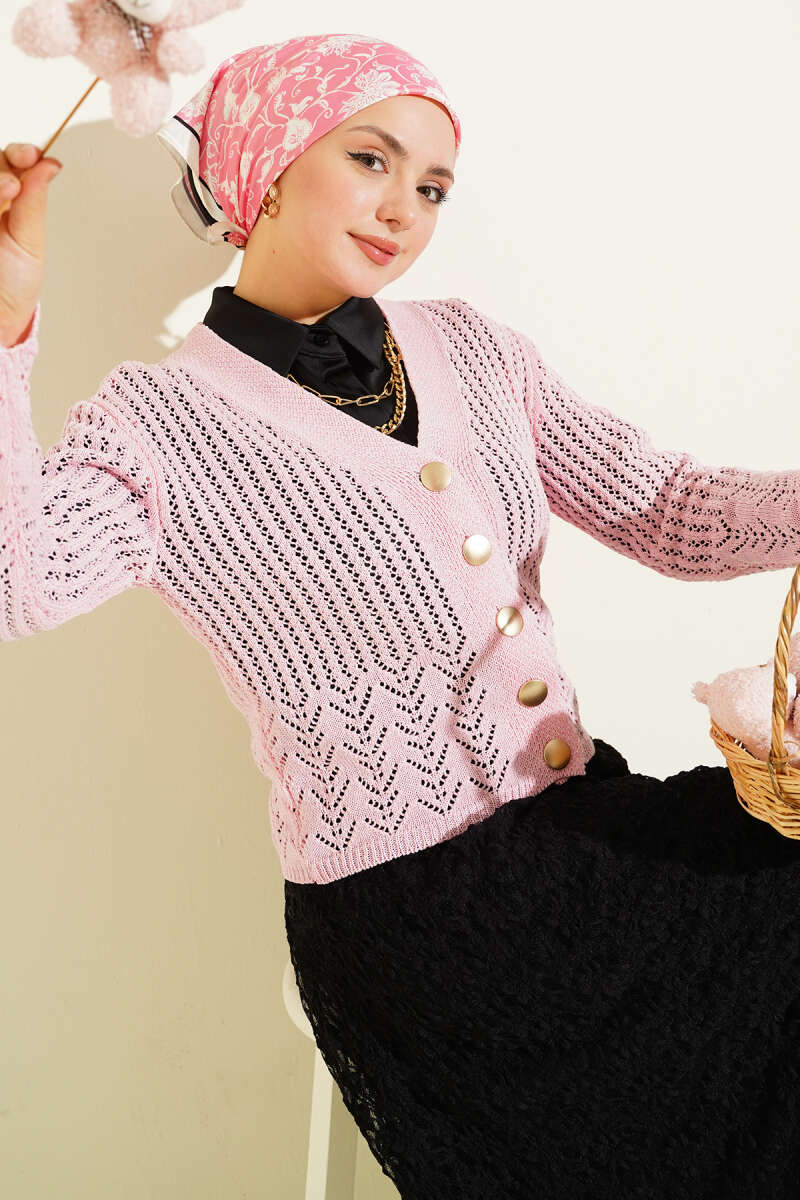 Gold Buttoned Openwork Short Knitted Cardigan