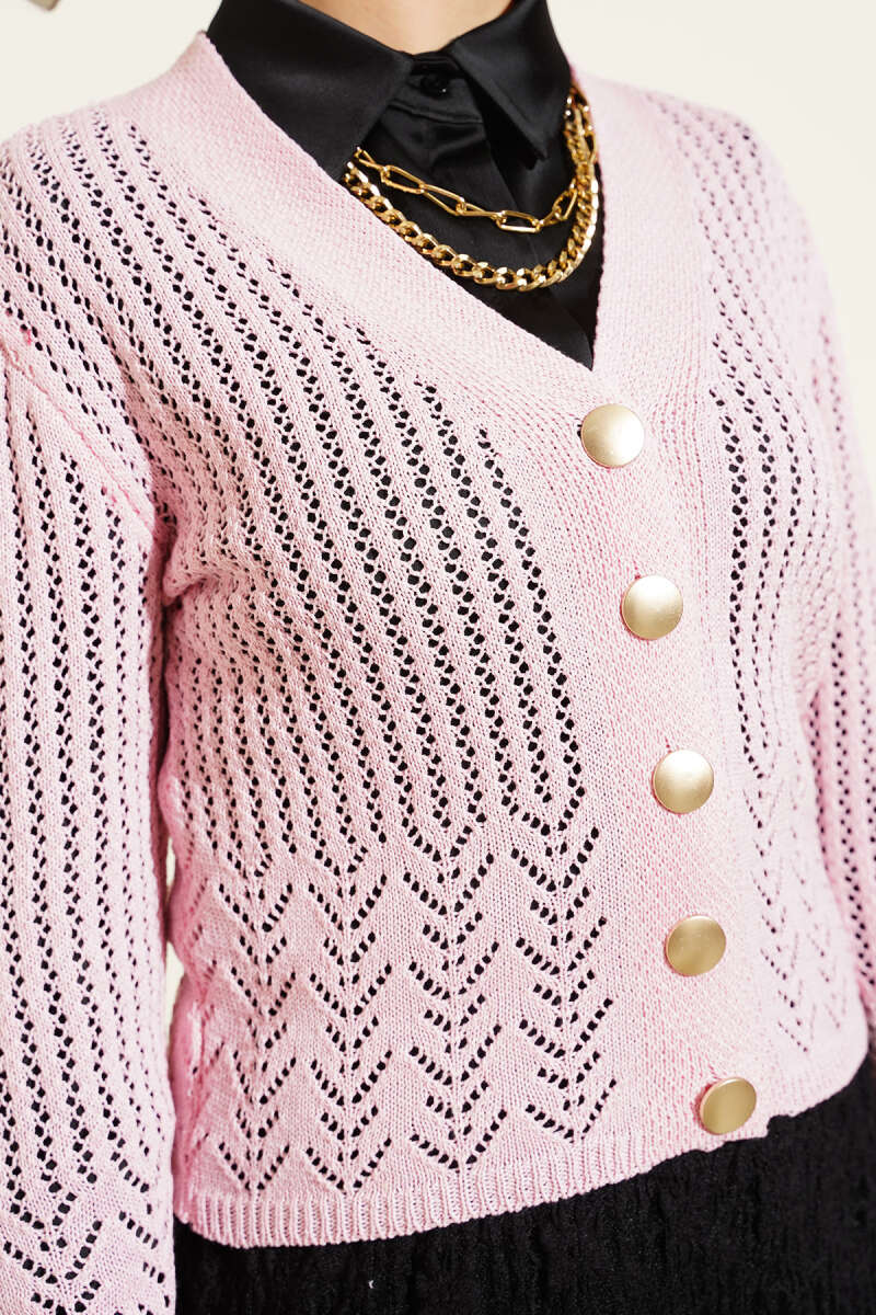 Gold Buttoned Openwork Short Knitted Cardigan