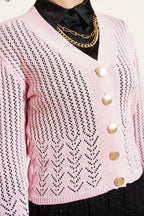 Gold Buttoned Openwork Short Knitted Cardigan