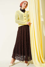 Gold Buttoned Openwork Short Knitted Cardigan
