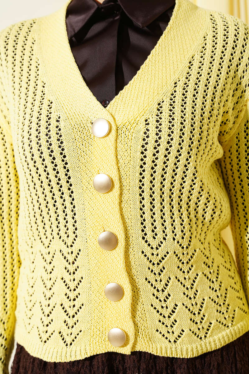 Gold Buttoned Openwork Short Knitted Cardigan