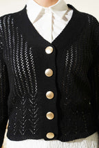 Gold Buttoned Openwork Short Knitted Cardigan