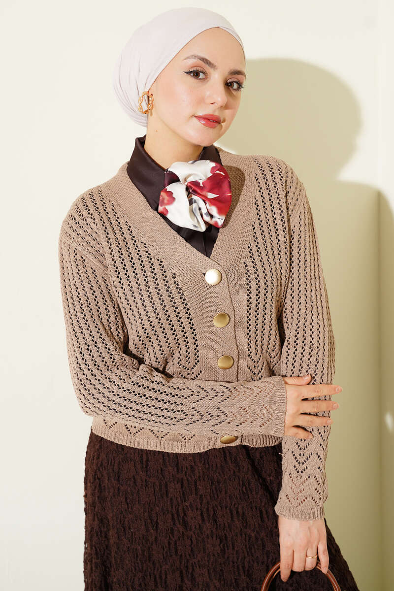 Gold Buttoned Openwork Short Knitted Cardigan