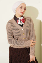 Gold Buttoned Openwork Short Knitted Cardigan