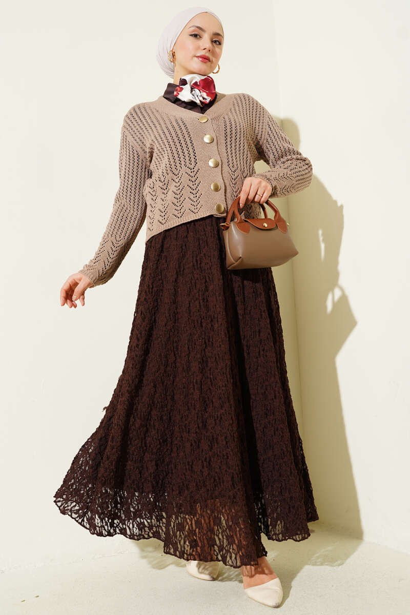 Gold Buttoned Openwork Short Knitted Cardigan