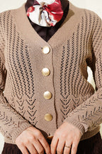 Gold Buttoned Openwork Short Knitted Cardigan