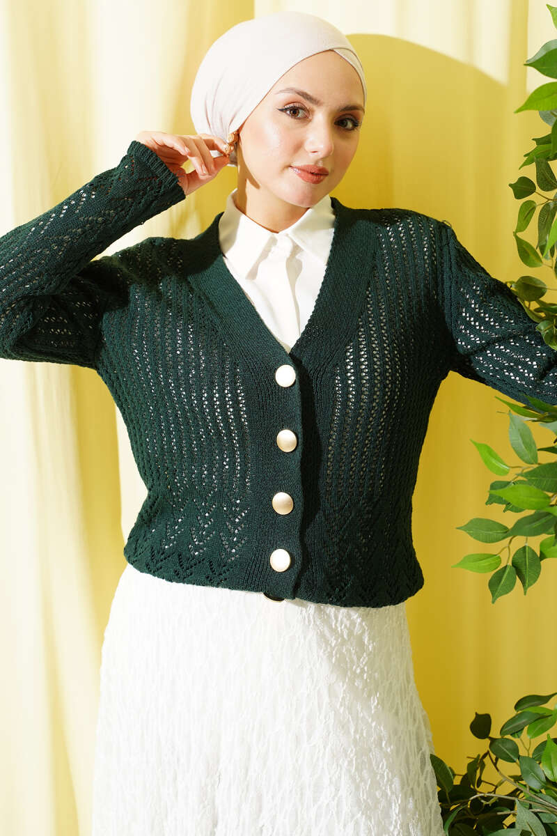 Gold Buttoned Openwork Short Knitted Cardigan