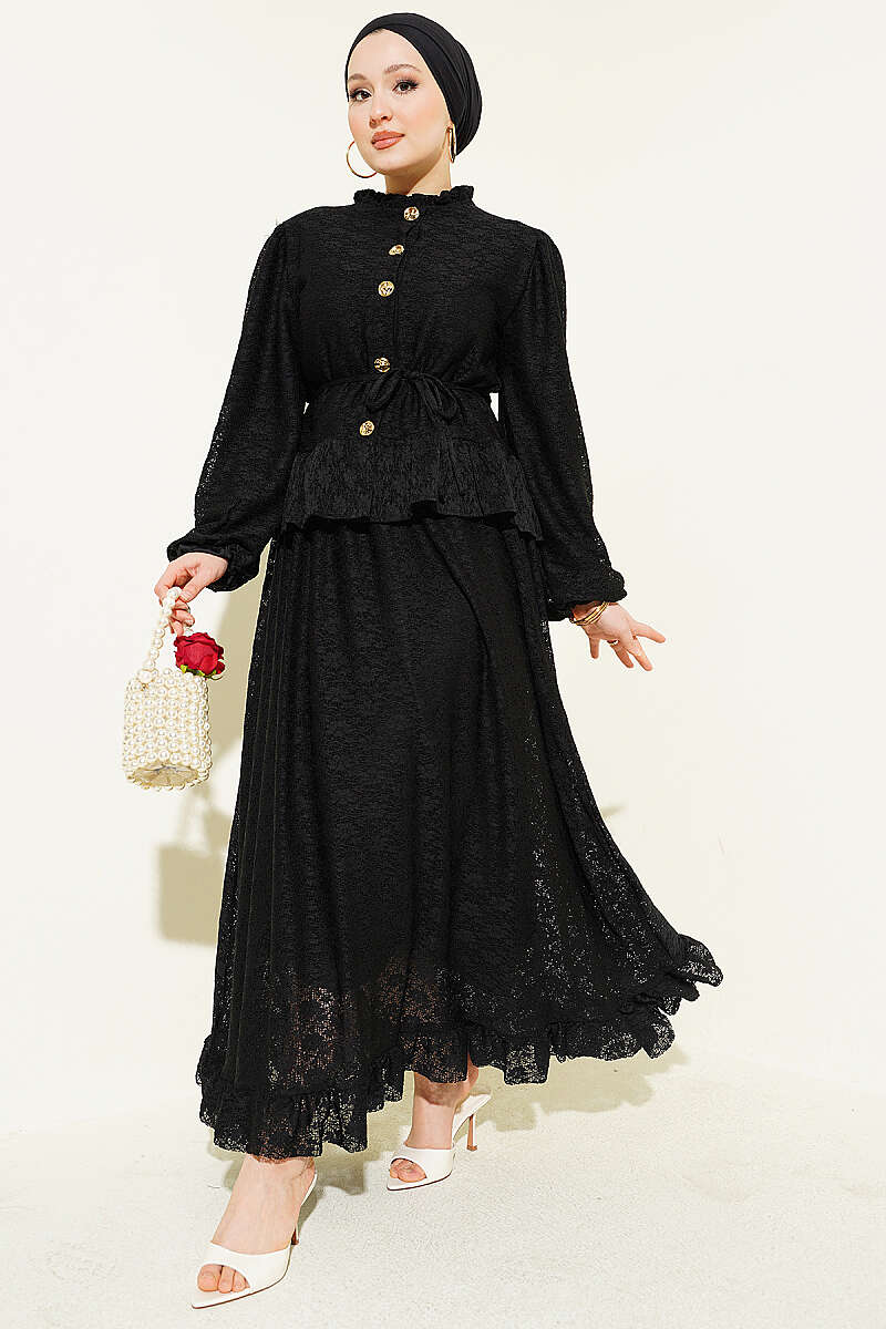 Gold Düğmeli Dantelli Etekli İkili Takım Siyah