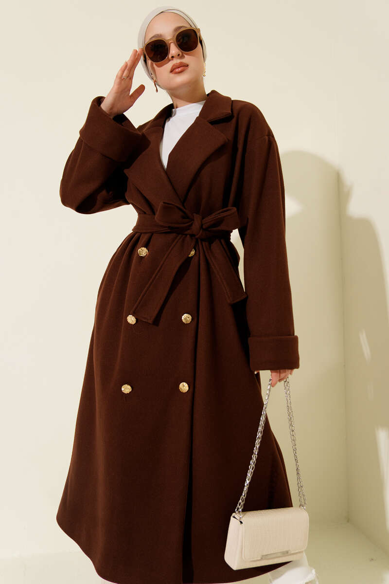 Gold Düğmeli Kruvaze Kaşe Kaban
