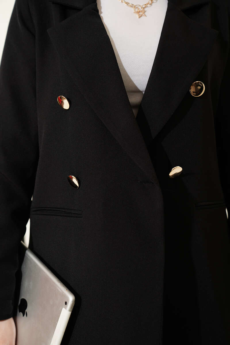 Gold Düğmeli Kruvaze Yaka Blazer Ceket