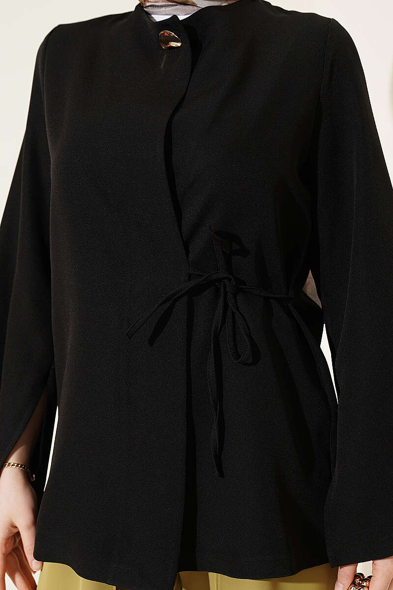 Gold Düğmeli Yan Bağlamalı Kimono Siyah