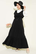 Gömlek Garnili Bel Tünelli Jile Elbise Siyah