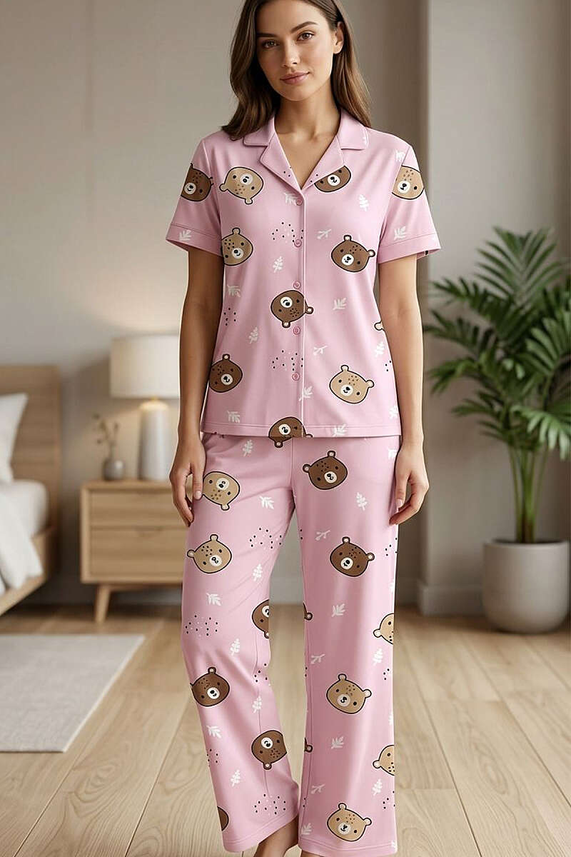 Gömlek Yaka Ayıcık Baskılı Kısa Kol Pijama Takımı
