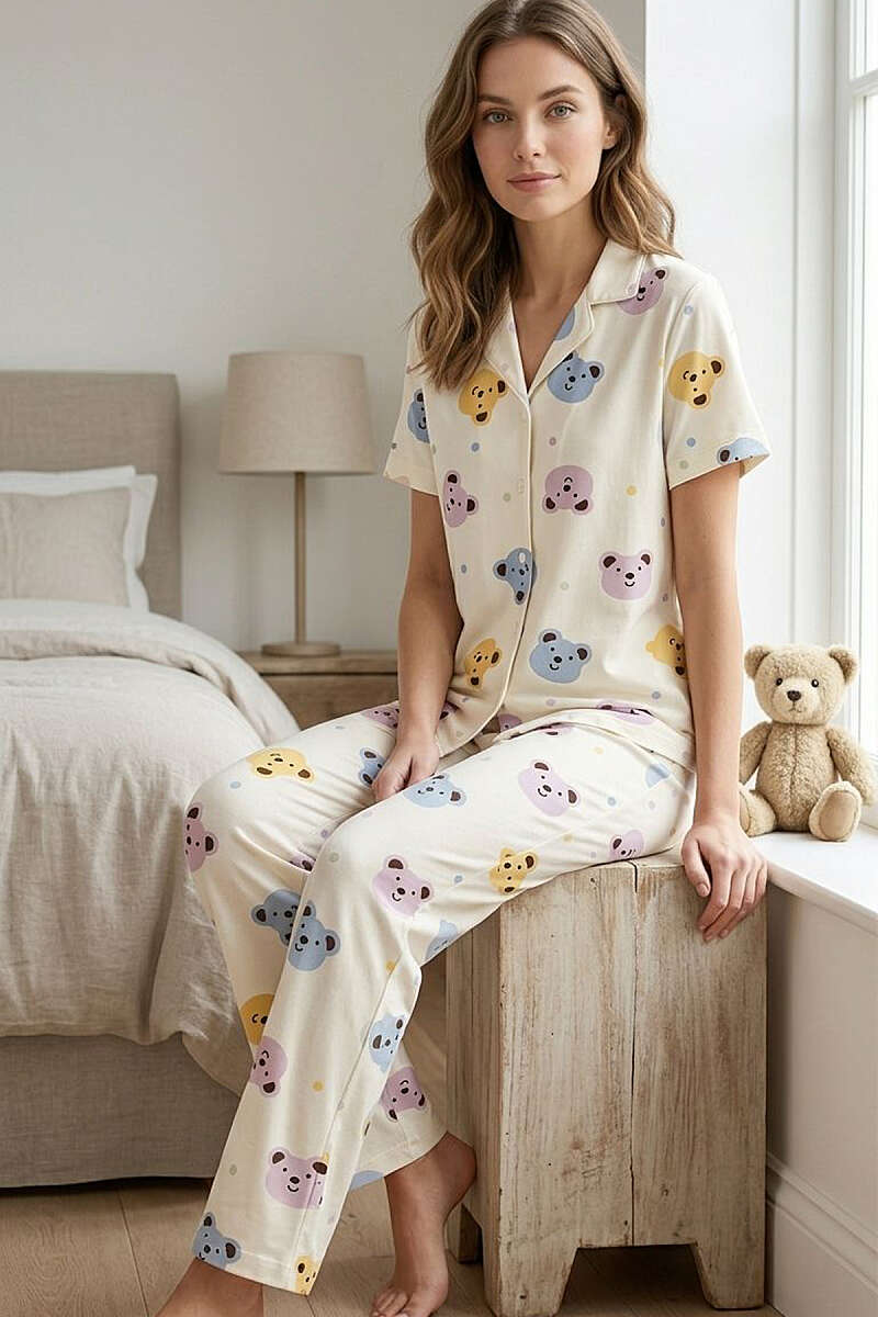Gömlek Yaka Baskı Detaylı Kısa Kol Pijama Takımı