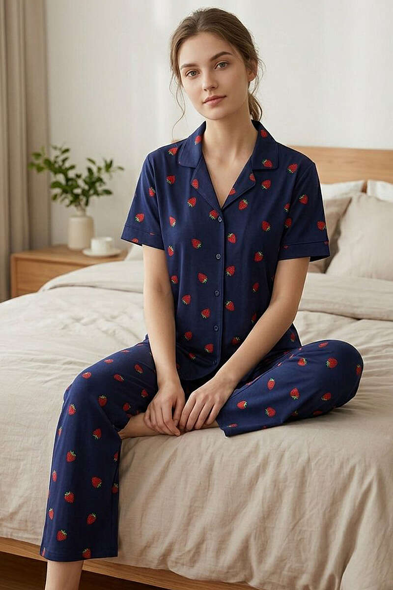 Gömlek Yaka Çilek Baskılı Kısa Kol Pijama Takımı Lacivert