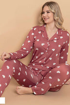 Gömlek Yaka Damla Desen Pijama Takımı