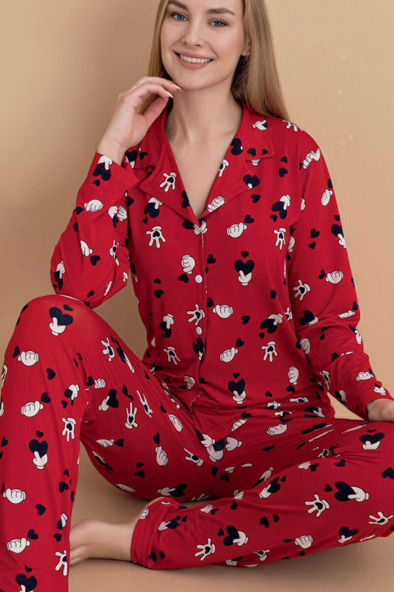 Gömlek Yaka Damla Desen Pijama Takımı Kırmızı