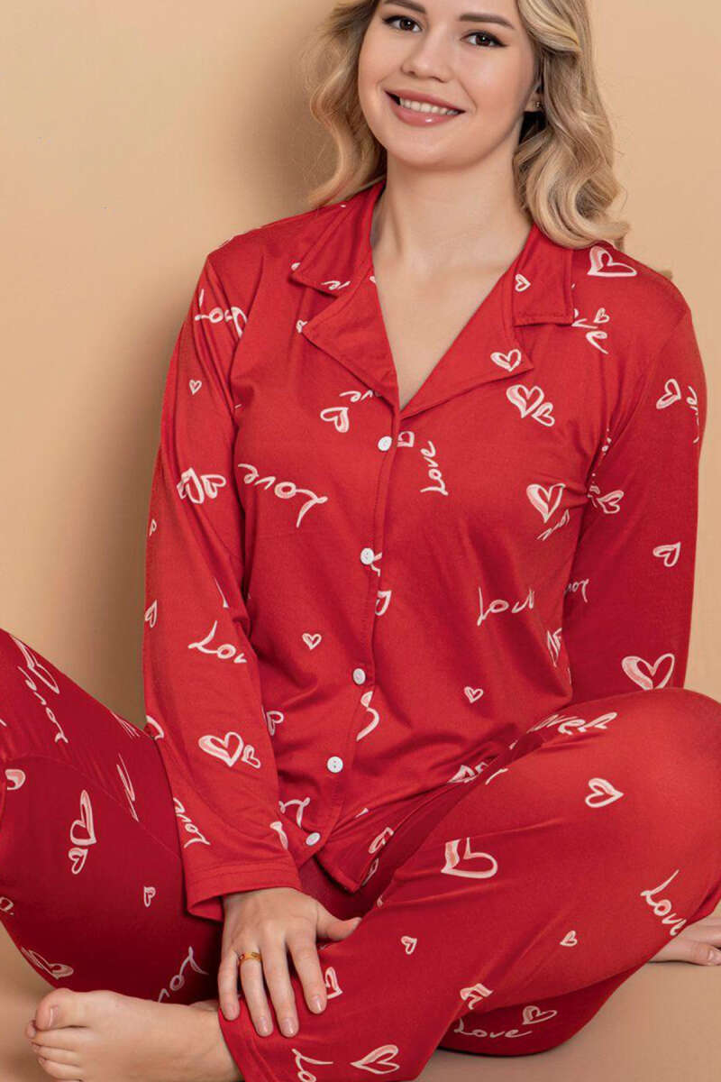 Gömlek Yaka Desen Detaylı Pijama Takımı Kırmızı