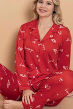 Gömlek Yaka Desen Detaylı Pijama Takımı Kırmızı