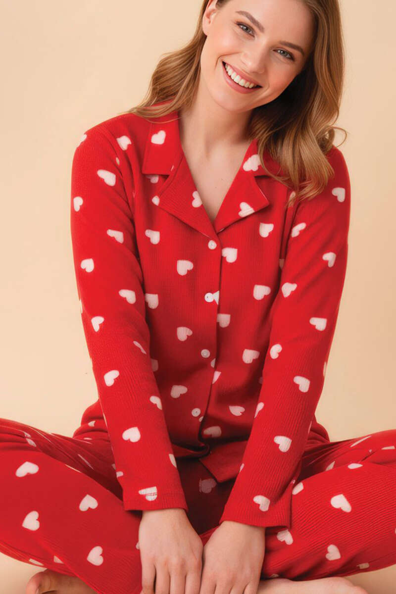 Gömlek Yaka Desenli Waffle Pijama Takımı Kırmızı