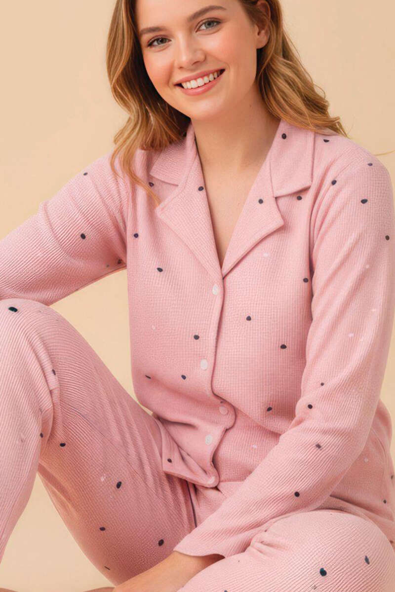 Gömlek Yaka Desenli Waffle Pijama Takımı