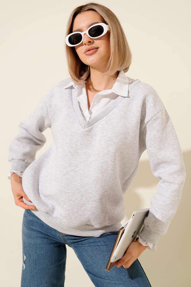 Gömlek Yaka Garnili Şardonlu Sweatshirt