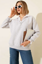 Gömlek Yaka Garnili Şardonlu Sweatshirt
