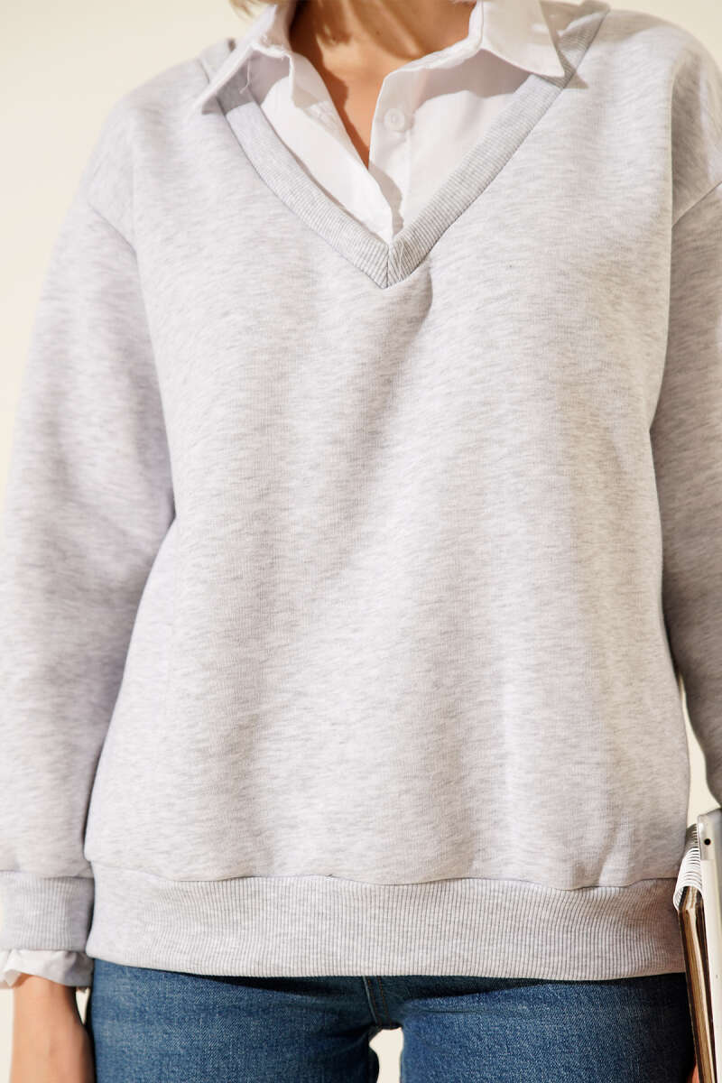 Gömlek Yaka Garnili Şardonlu Sweatshirt