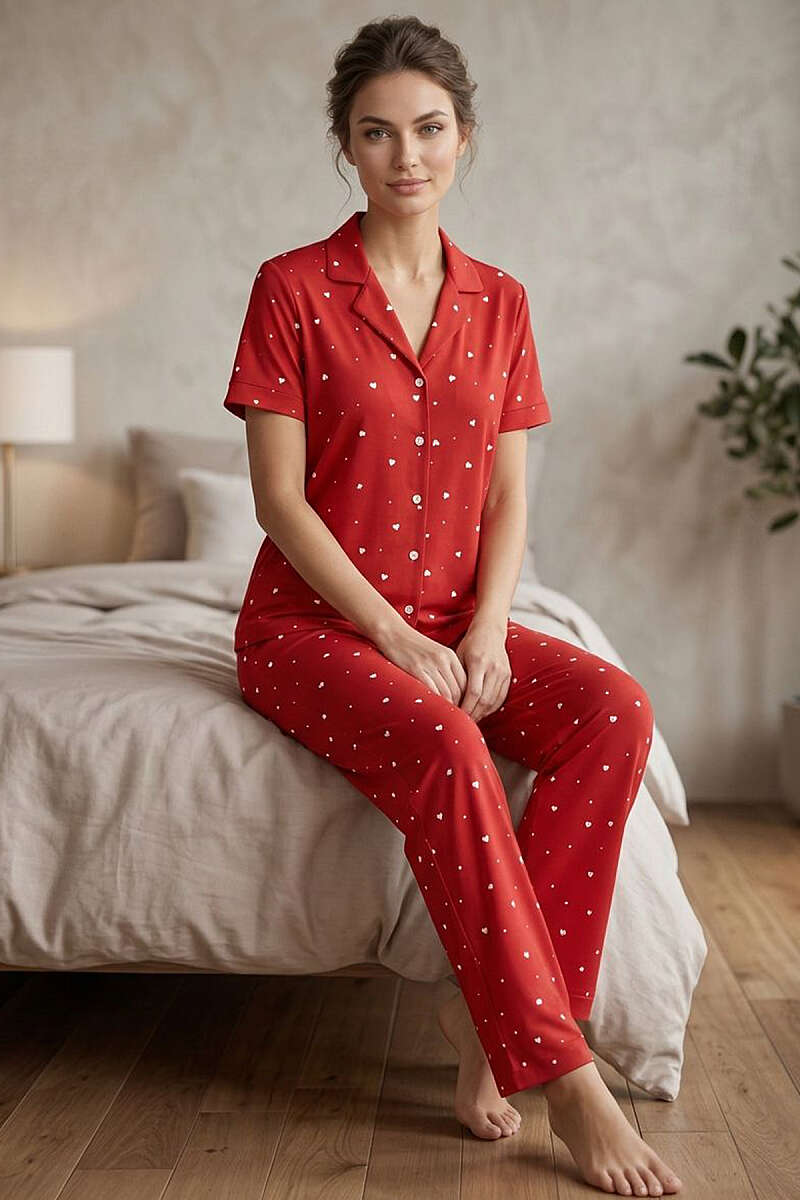 Gömlek Yaka Kalp Benekli Kısa Kol Pijama Takımı Kırmızı