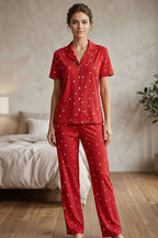 Gömlek Yaka Kalp Benekli Kısa Kol Pijama Takımı Kırmızı