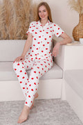 Gömlek Yaka Kalp Desenli Pijama Takımı