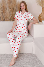 Gömlek Yaka Kalp Desenli Pijama Takımı