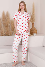 Gömlek Yaka Kalp Desenli Pijama Takımı