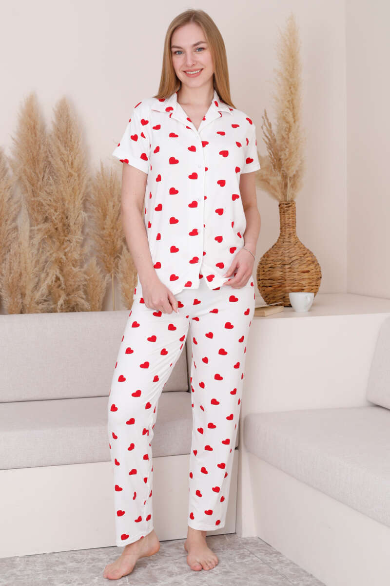 Gömlek Yaka Kalp Desenli Pijama Takımı