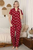 Gömlek Yaka Kalp Desenli Pijama Takımı Kırmızı