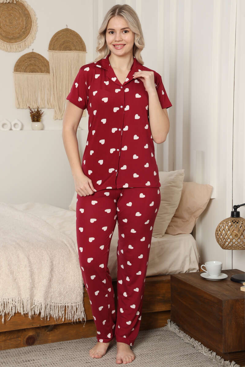 Gömlek Yaka Kalp Desenli Pijama Takımı Kırmızı