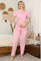 Gömlek Yaka Kalp Desenli Pijama Takımı