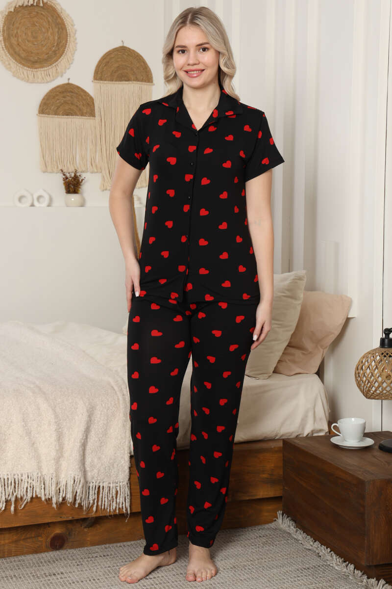 Gömlek Yaka Kalp Desenli Pijama Takımı Siyah