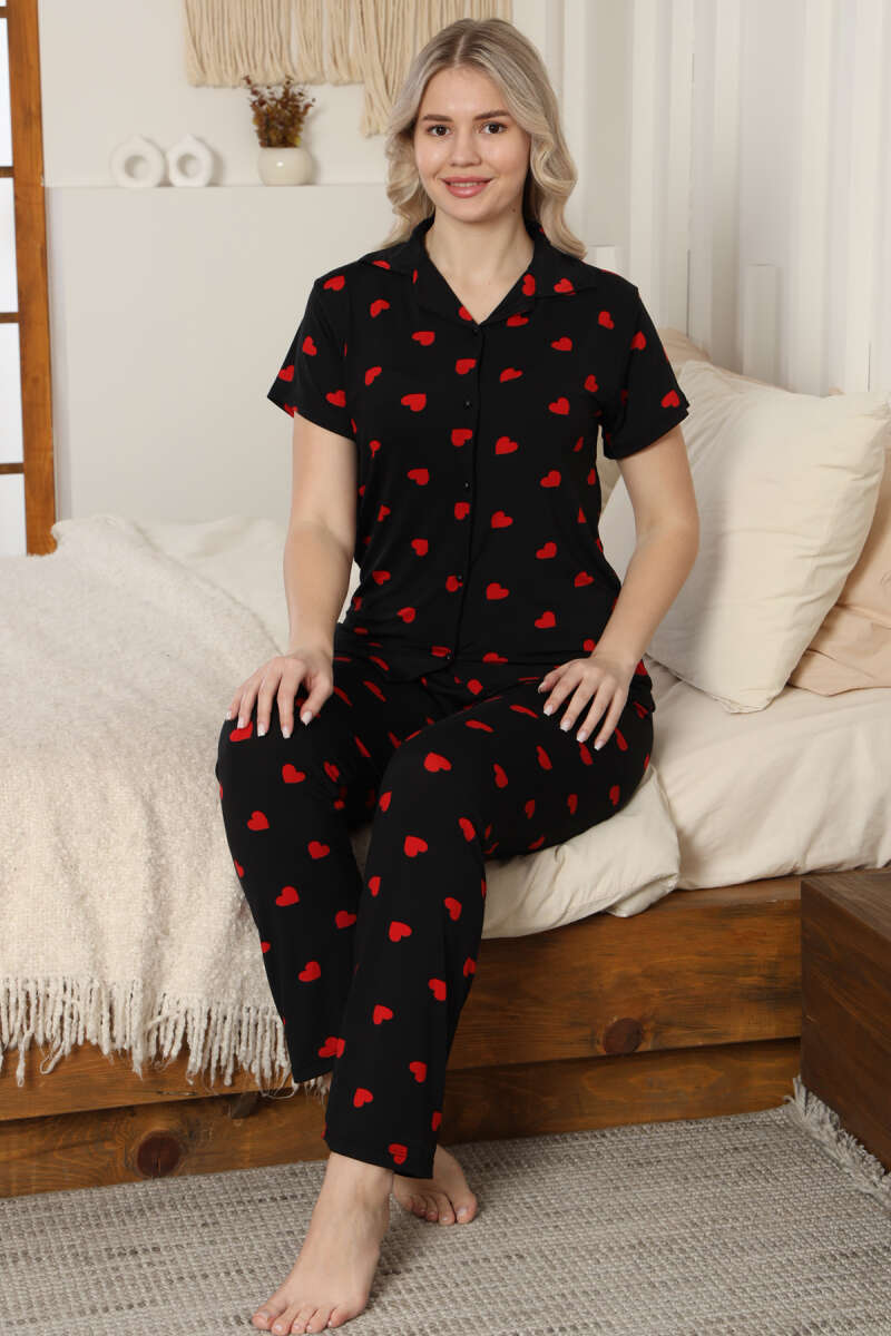 Gömlek Yaka Kalp Desenli Pijama Takımı Siyah