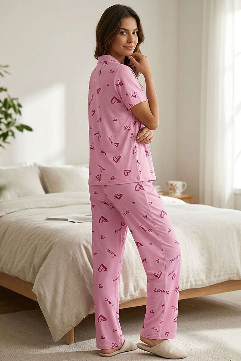 Gömlek Yaka Love Baskılı Kısa Kol Pijama Takımı