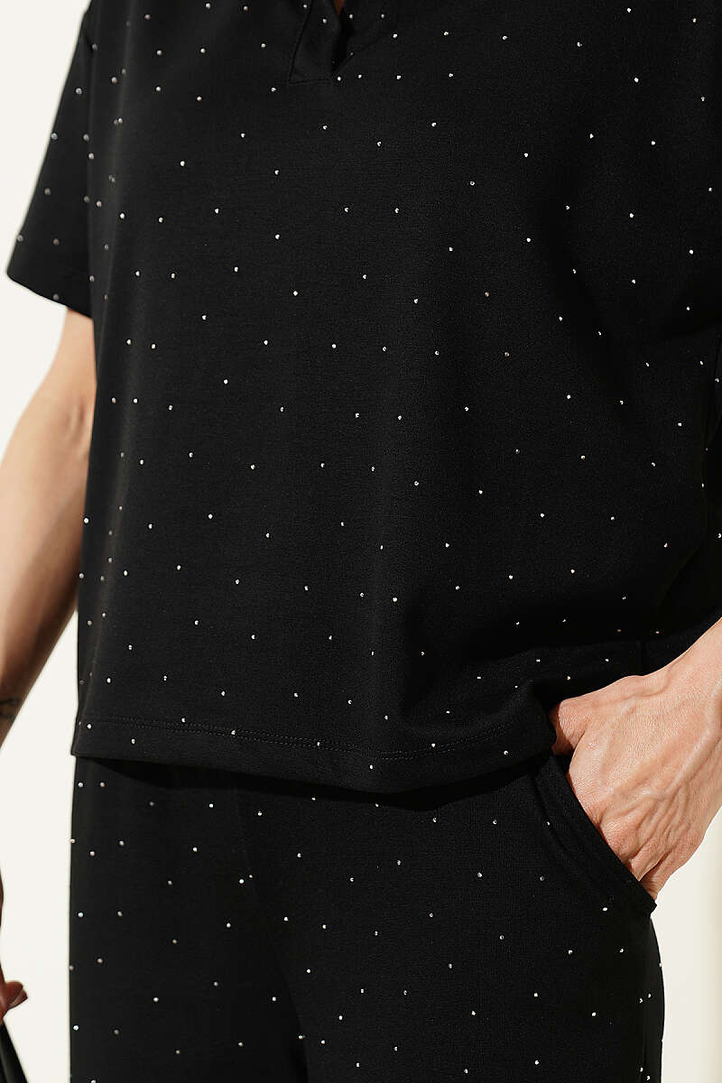 Gömlek Yaka Loyşa Taşlı T-shirt Takım Siyah