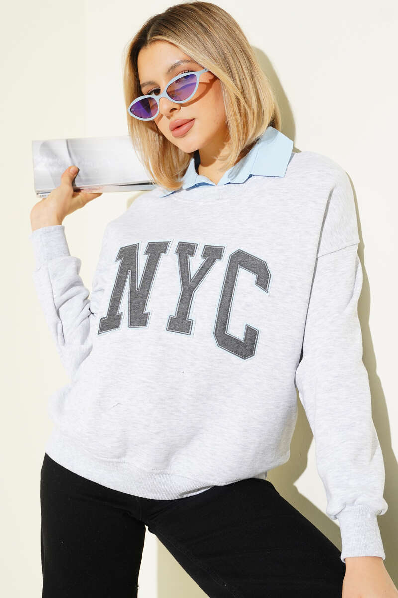 Gömlek Yaka Nyc Baskılı Şardonlu Sweatshirt Gri